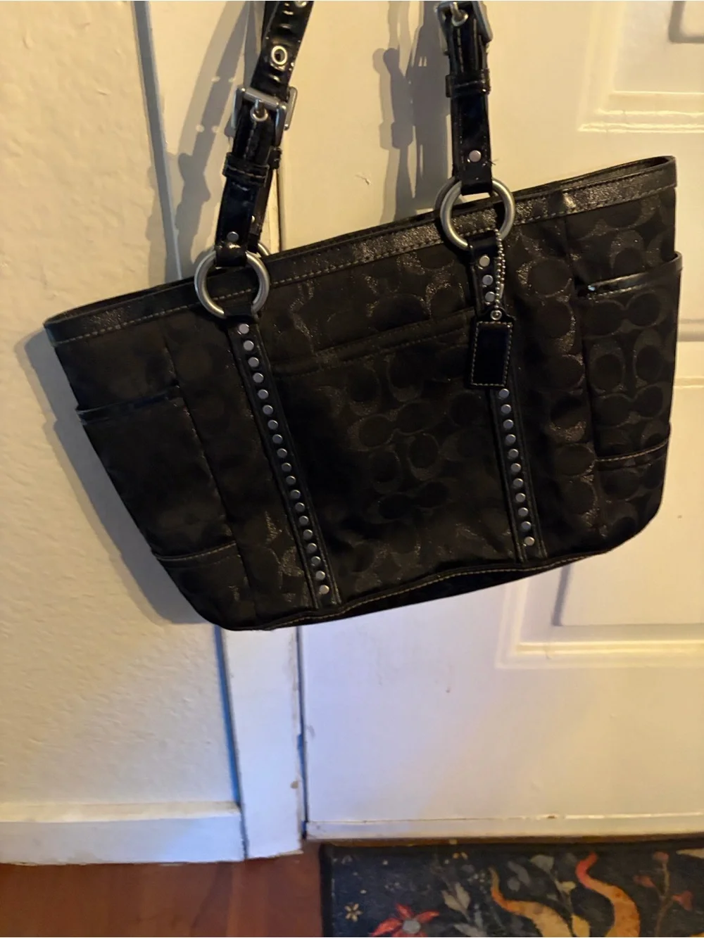Black Signature Coach Tote Bag with Studded Trim
